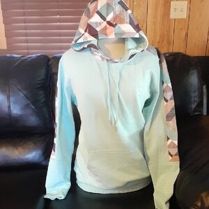Light Teal Hooded Pullover Sweatshirt with Geometric Trim - Women